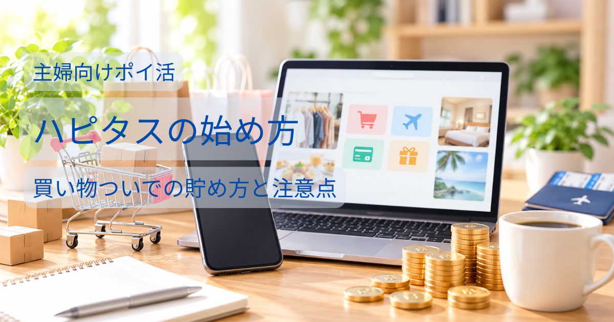 スマートフォンを使う女性の写真に「主婦向けポイ活」「ハピタスの始め方」「買い物ついでの貯め方と注意点」の文字を配置した画像