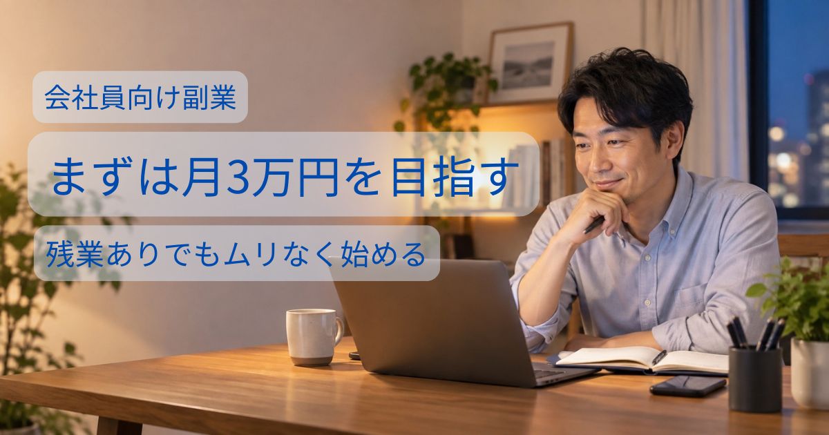 会社員が自宅でパソコンを使い副業について考えているイメージ